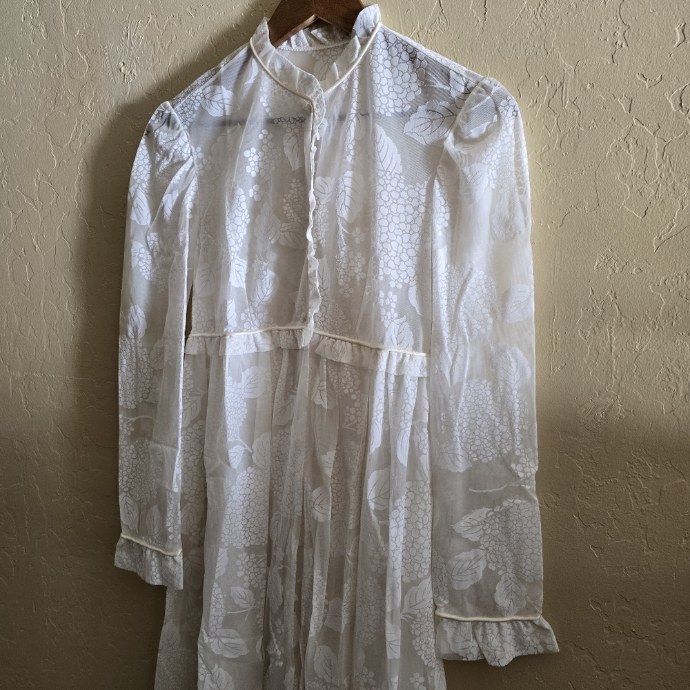 Vintage 70s White Sheer Devoré Floral Prairie Dress Romantic Boho Midi - Picture 4 of 14